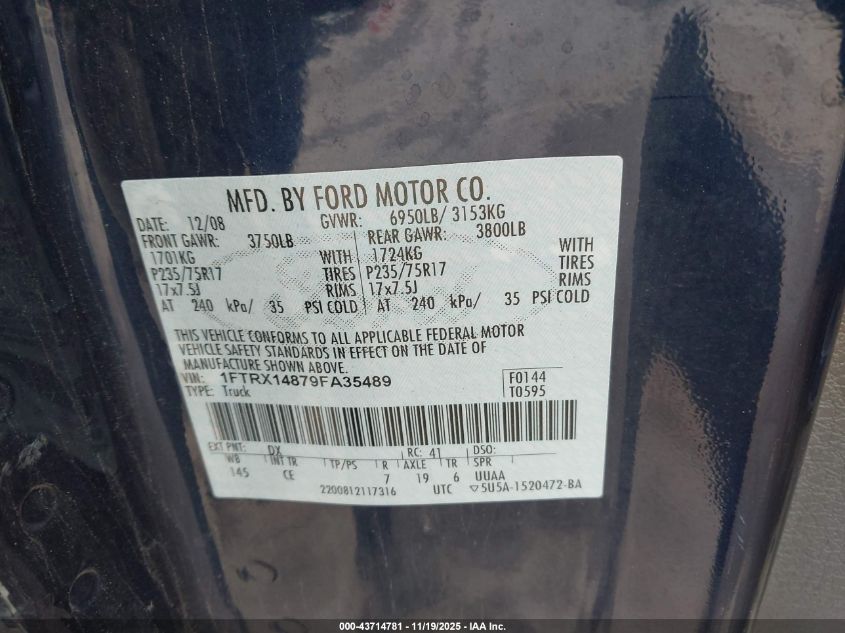 2009 Ford F-150 Stx/Xl/Xlt VIN: 1FTRX14879FA35489 Lot: 43714781