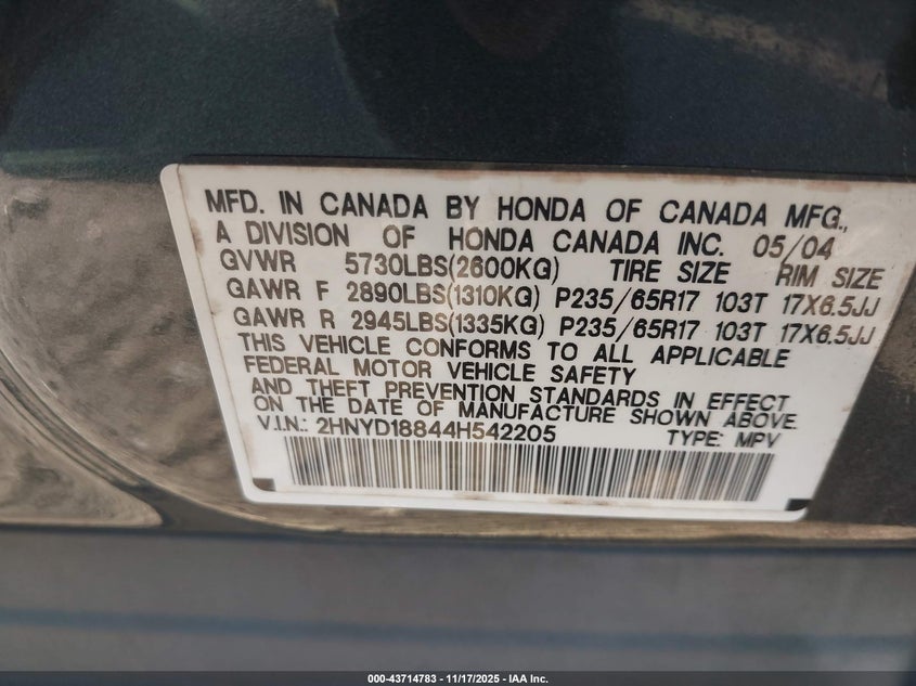 2004 Acura Mdx VIN: 2HNYD18844H542205 Lot: 43714783