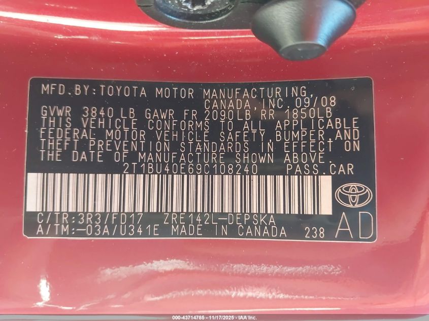 2009 Toyota Corolla S VIN: 2T1BU40E69C108240 Lot: 43714785