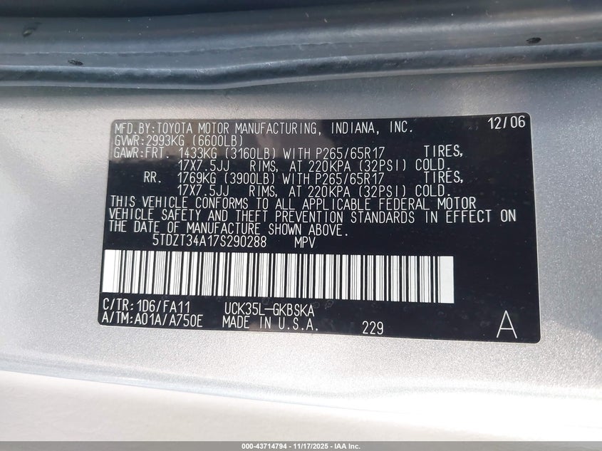 2007 Toyota Sequoia Sr5 V8 VIN: 5TDZT34A17S290288 Lot: 43714794