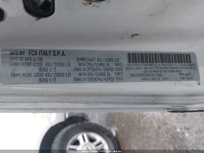 2018 Ram Promaster City Tradesman VIN: ZFBERFABXJ6L12584 Lot: 43714809