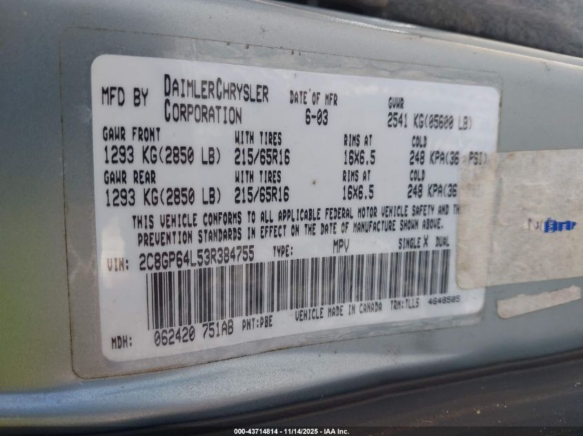 2003 Chrysler Town & Country Limited VIN: 2C8GP64L53R384755 Lot: 43714814