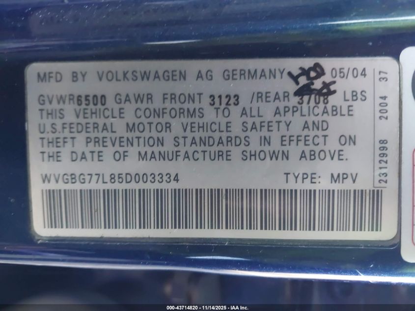2005 Volkswagen Touareg V6 VIN: WVGBG77L85D003334 Lot: 43714820