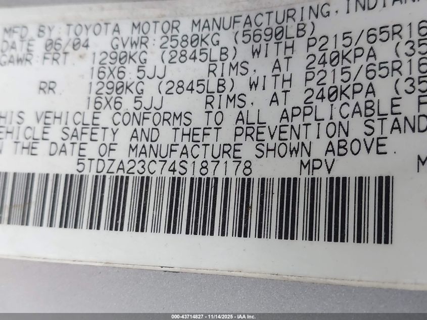 2004 Toyota Sienna Le VIN: 5TDZA23C74S187178 Lot: 43714827