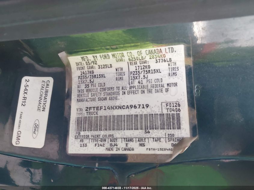 1992 Ford F150 VIN: 2FTEF14NXNCA96719 Lot: 43714838