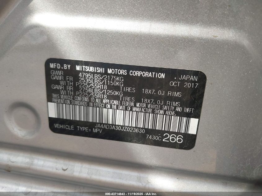 2018 Mitsubishi Outlander Se VIN: JA4AD3A30JZ023630 Lot: 43714843