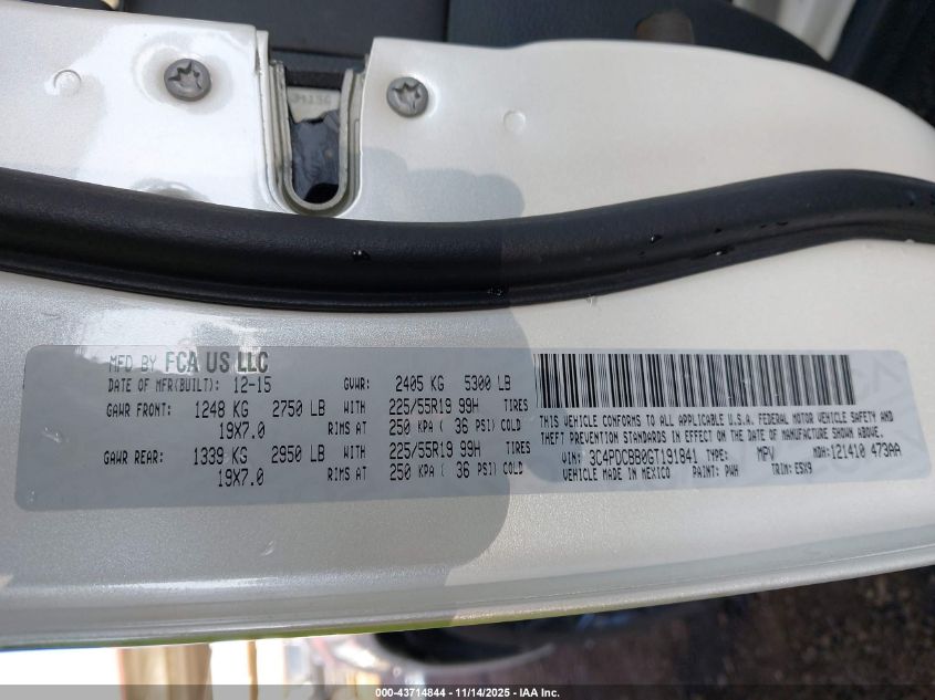 2016 Dodge Journey Sxt VIN: 3C4PDCBB0GT191841 Lot: 43714844