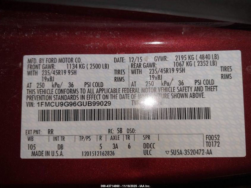 2016 Ford Escape Se VIN: 1FMCU9G96GUB99029 Lot: 43714860