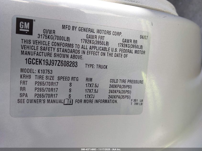 2007 Chevrolet Silverado 1500 Lt2 VIN: 1GCEK19J97Z608283 Lot: 43714863