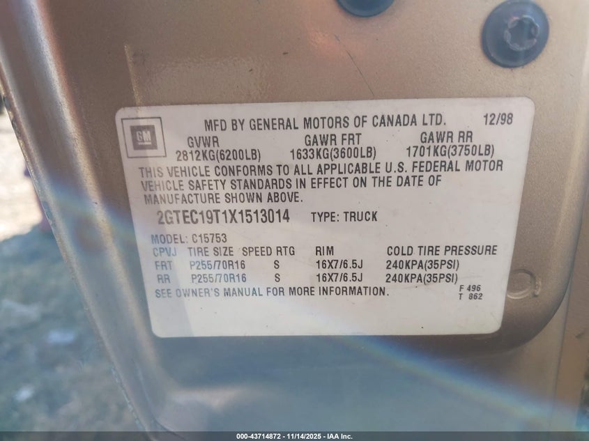 1999 GMC Sierra 1500 Sl VIN: 2GTEC19T1X1513014 Lot: 43714872