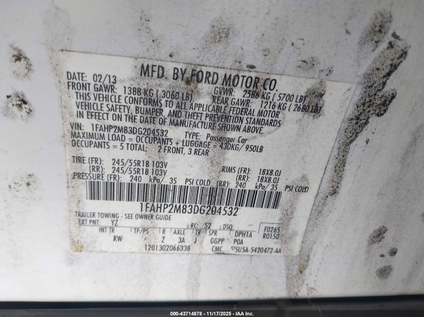 2013 Ford Police Interceptor VIN: 1FAHP2M83DG204532 Lot: 43714878