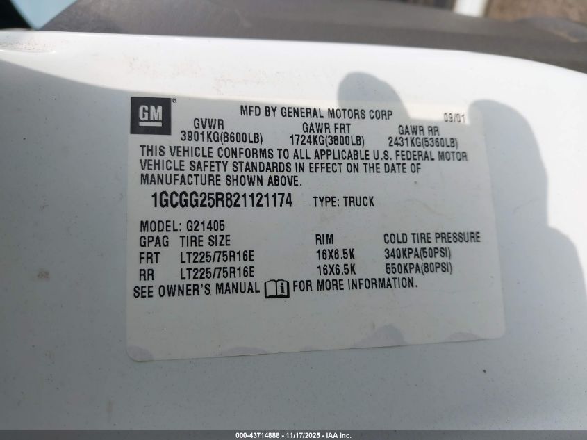 2002 Chevrolet Express VIN: 1GCGG25R821121174 Lot: 43714888