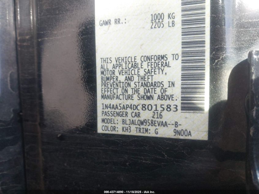 2013 Nissan Maxima 3.5 S VIN: 1N4AA5AP4DC801583 Lot: 43714890