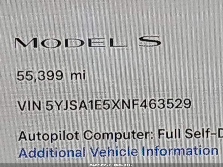 2022 Tesla Model S Dual Motor All-Wheel Drive VIN: 5YJSA1E5XNF463529 Lot: 43714895