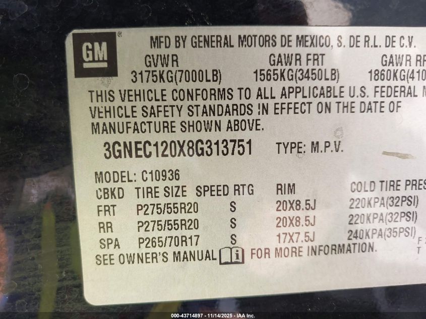 2008 Chevrolet Avalanche 1500 Lt VIN: 3GNEC120X8G313751 Lot: 43714897