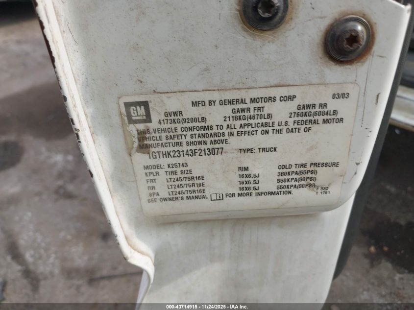 2003 GMC Sierra 2500Hd Slt VIN: 1GTHK23143F213077 Lot: 43714915