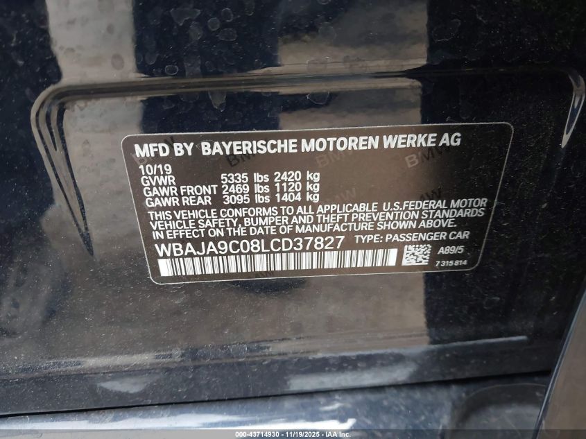 2020 BMW 530E Iperformance VIN: WBAJA9C08LCD37827 Lot: 43714930