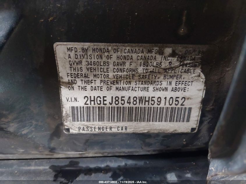 1998 Honda Civic Ex VIN: 2HGEJ8548WH591052 Lot: 43714933