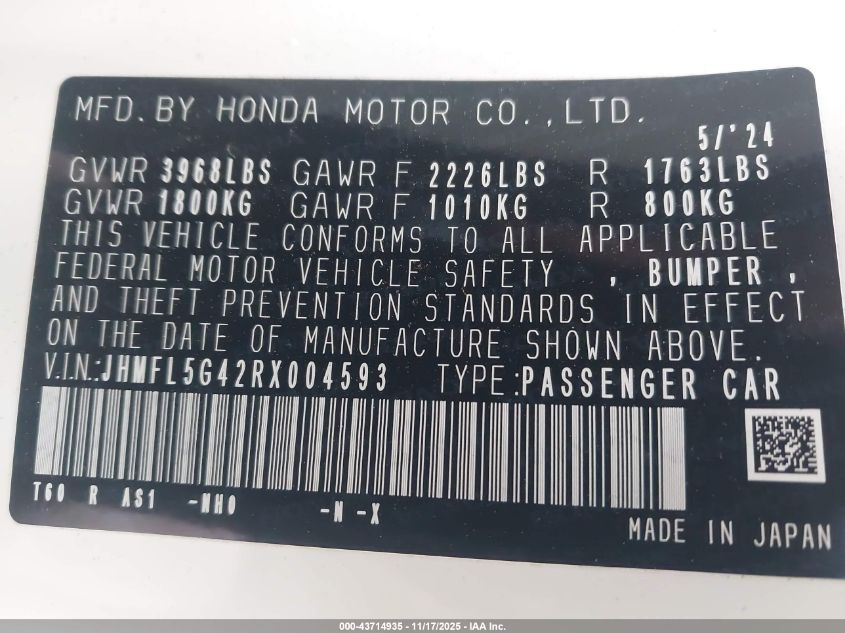 2024 Honda Civic Type R VIN: JHMFL5G42RX004593 Lot: 43714935