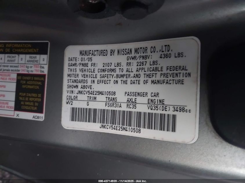 2005 Infiniti G35 VIN: JNKCV54E25M410508 Lot: 43714939