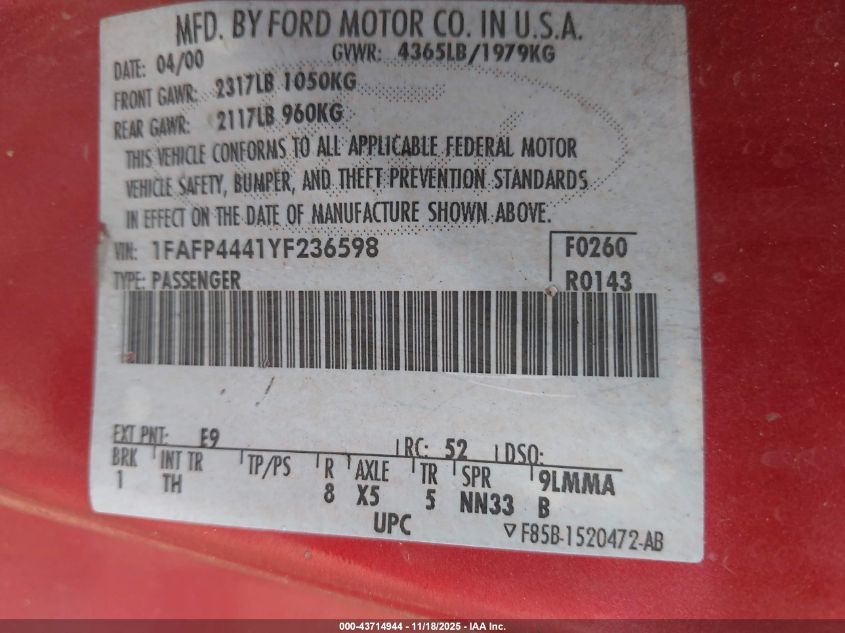 2000 Ford Mustang VIN: 1FAFP4441YF236598 Lot: 43714944