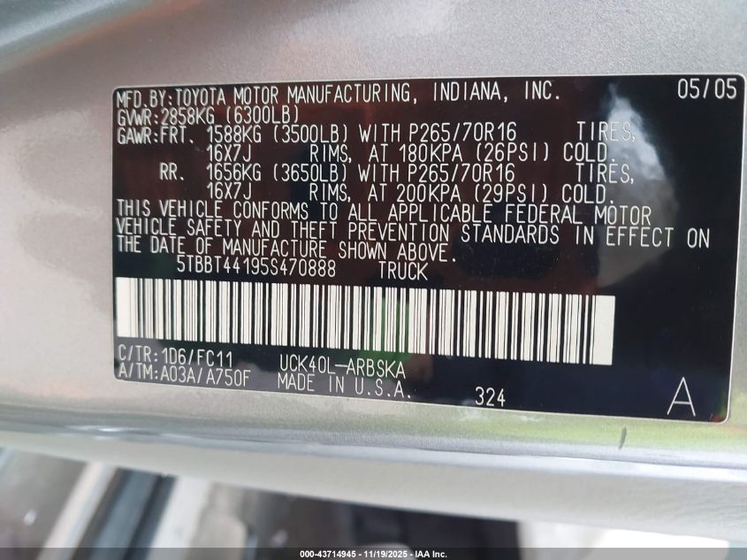 2005 Toyota Tundra Sr5 V8 VIN: 5TBBT44195S470888 Lot: 43714945