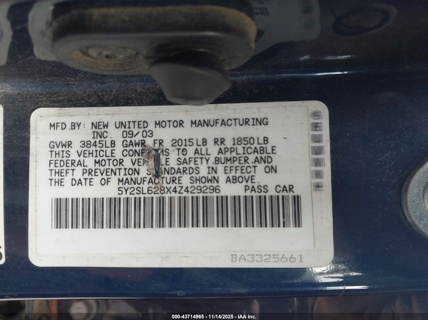 2004 Pontiac Vibe VIN: 5Y2SL628X4Z429296 Lot: 43714965