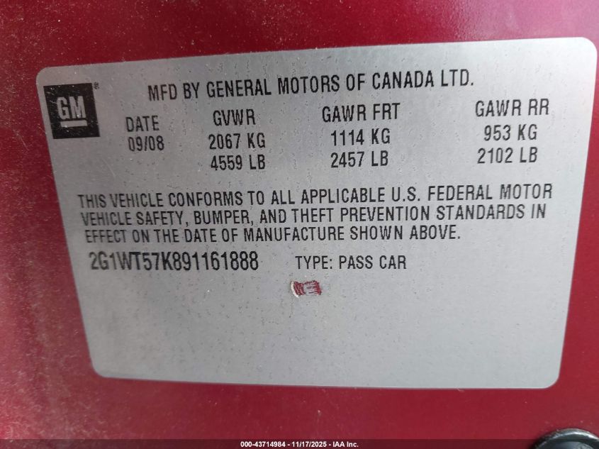 2009 Chevrolet Impala Lt VIN: 2G1WT57K891161888 Lot: 43714984