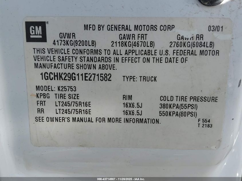 2001 Chevrolet Silverado 2500Hd Lt VIN: 1GCHK29G11E271582 Lot: 43714987