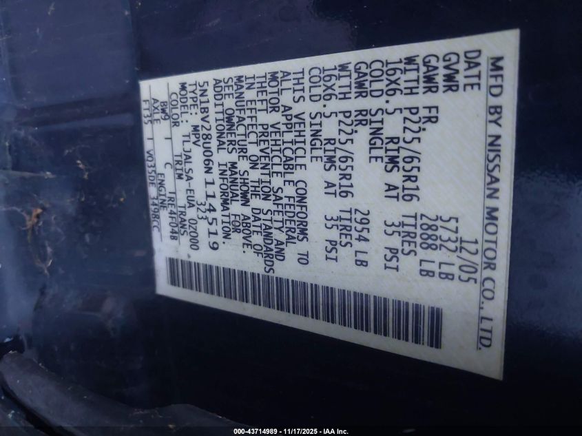 2006 Nissan Quest 3.5 VIN: 5N1BV28U06N114519 Lot: 43714989