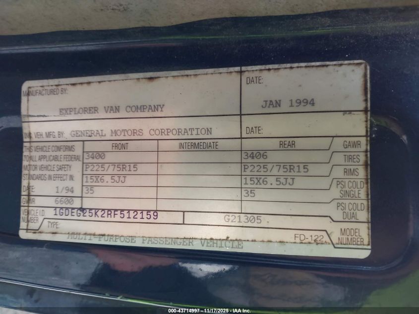 1994 GMC Rally Wagon / Van G2500 VIN: 1GDEG25K2RF512159 Lot: 43714997