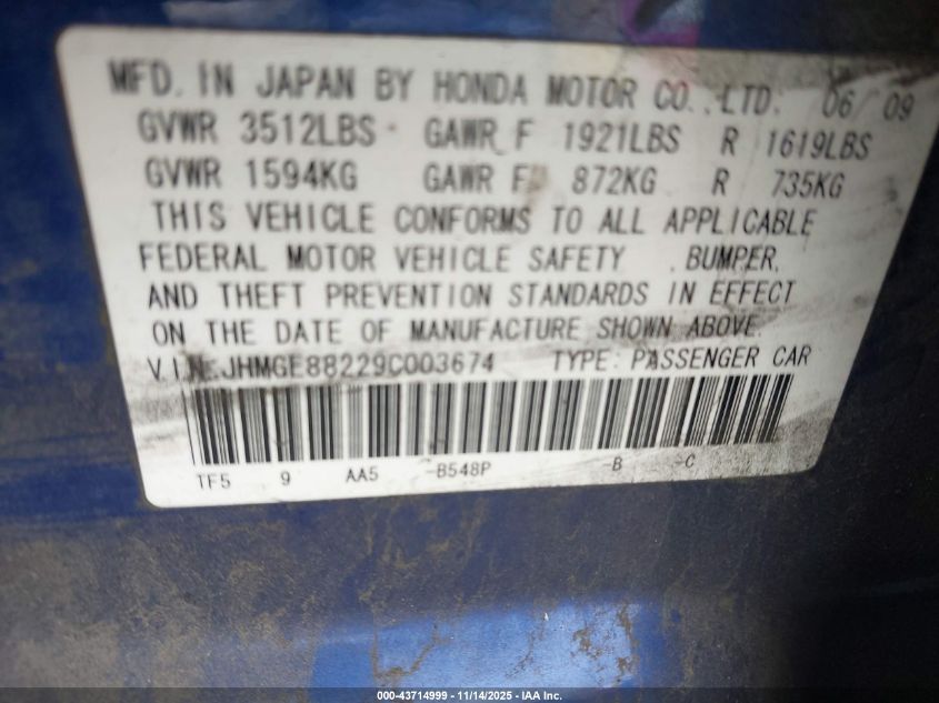 2009 Honda Fit VIN: JHMGE88229C003674 Lot: 43714999