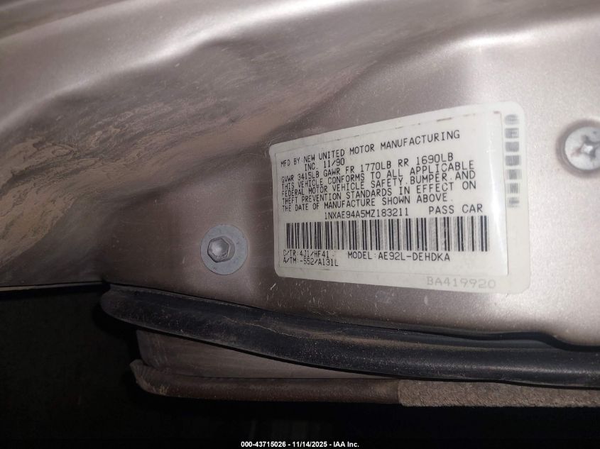 1991 Toyota Corolla Dlx VIN: 1NXAE94A5MZ183211 Lot: 43715026