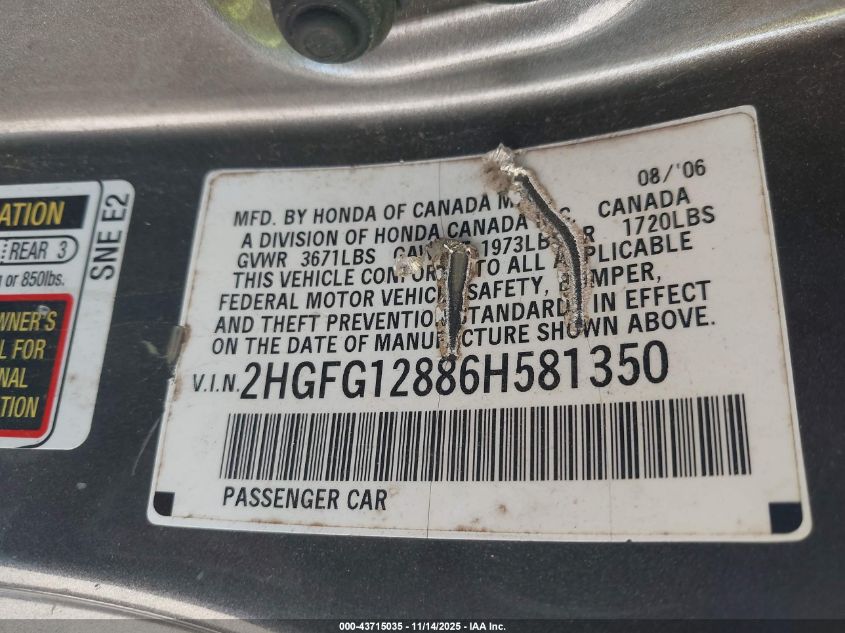 2006 Honda Civic Ex VIN: 2HGFG12886H581350 Lot: 43715035