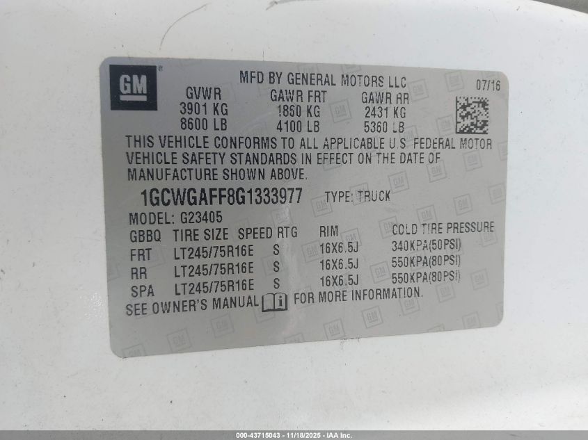 2016 Chevrolet Express 2500 Work Van VIN: 1GCWGAFF8G1333977 Lot: 43715043