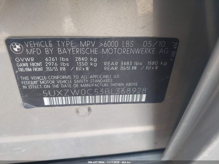 2011 BMW X5 xDrive35D VIN: 5UXZW0C53BL368928 Lot: 43715064