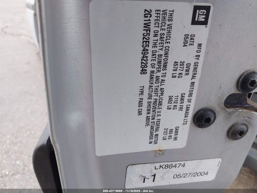 2004 Chevrolet Impala VIN: 2G1WF52E549422848 Lot: 43715069