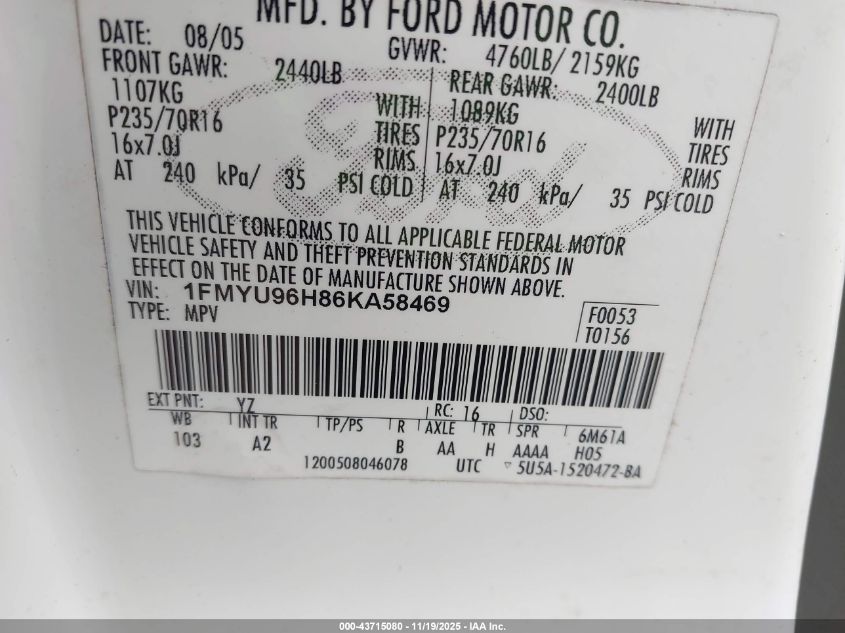 2006 Ford Escape Hybrid VIN: 1FMYU96H86KA58469 Lot: 43715080