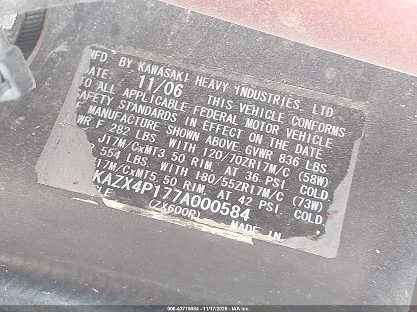 2007 Kawasaki Zx600 P VIN: JKAZX4P177A000584 Lot: 43715084