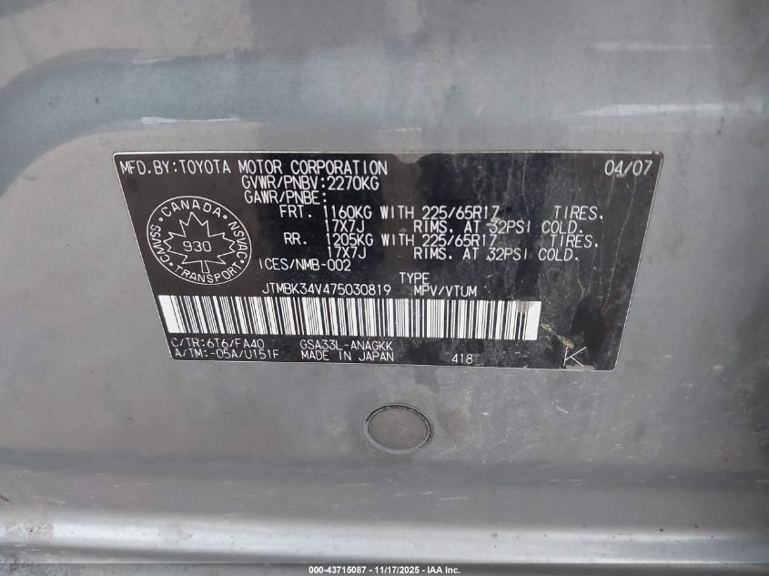 2007 Toyota Rav4 Limited V6 VIN: JTMBK34V475030819 Lot: 43715087