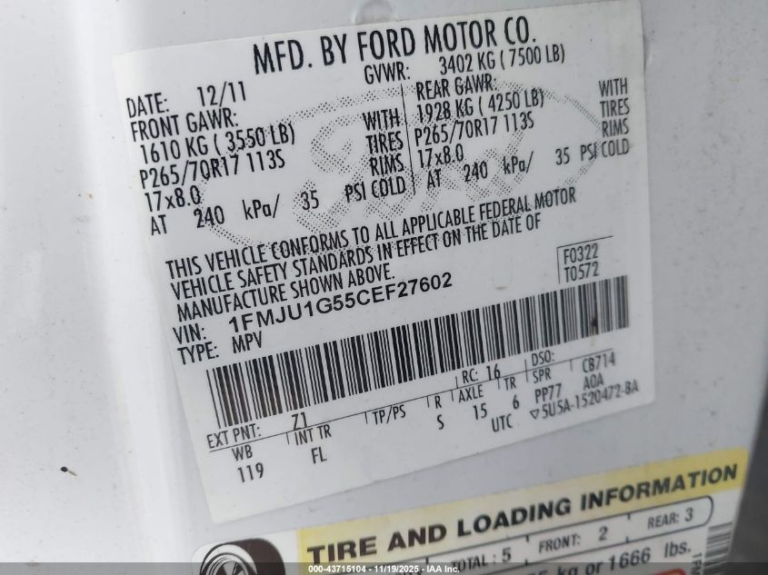 2012 Ford Expedition Xl VIN: 1FMJU1G55CEF27602 Lot: 43715104