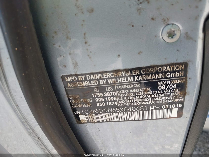 2005 Chrysler Crossfire Srt-6 VIN: 1C3AN79N65X040681 Lot: 43715112