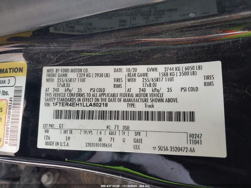 2020 Ford Ranger Xlt VIN: 1FTER4EH1LLA80218 Lot: 43715125