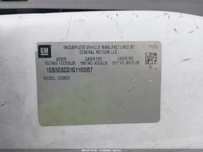 2016 Chevrolet Express Cutaway 3500 VIN: 1GB3GSCG1G1183057 Lot: 43715146