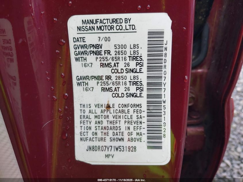 2001 Nissan Pathfinder Le VIN: JN8DR07Y71W531928 Lot: 43715170