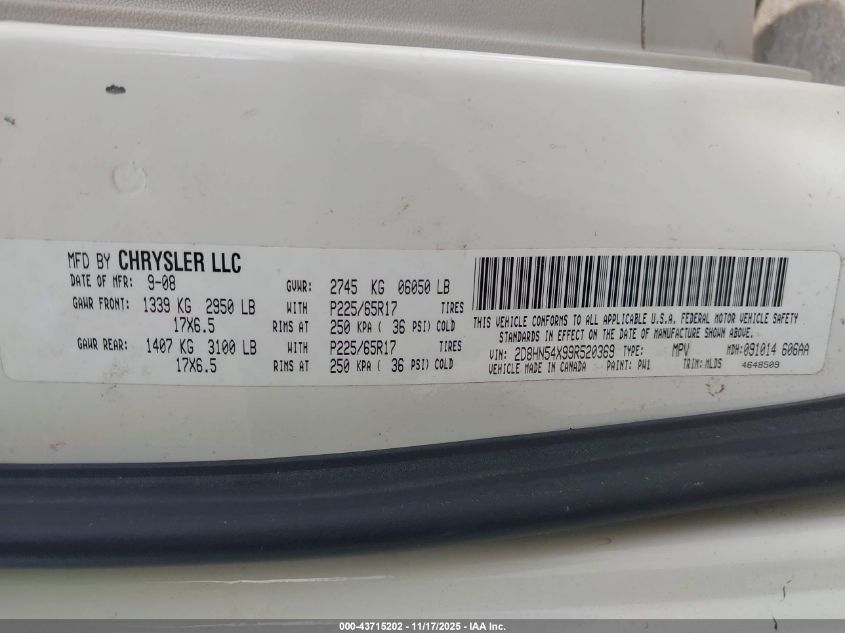 2009 Dodge Grand Caravan Sxt VIN: 2D8HN54X99R520369 Lot: 43715202