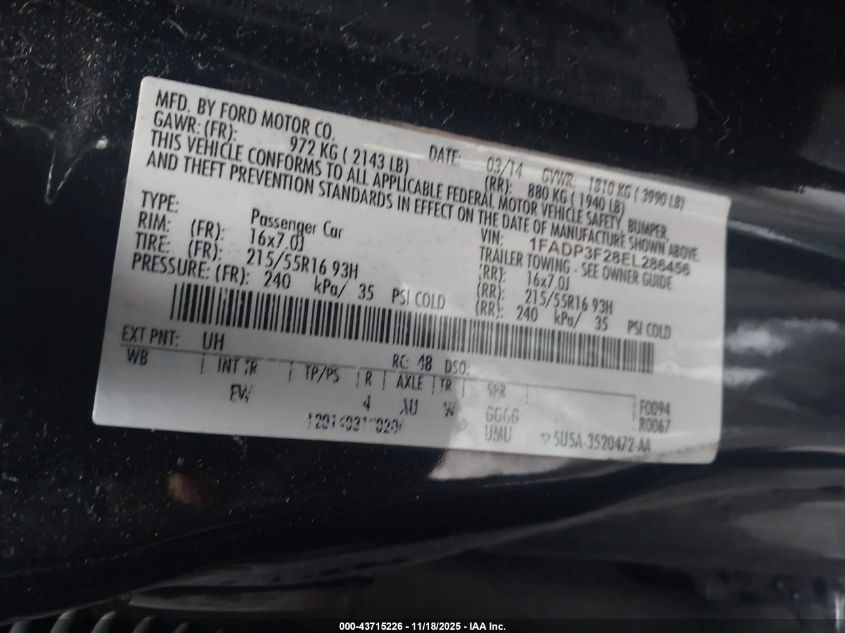 2014 Ford Focus Se VIN: 1FADP3F28EL286456 Lot: 43715226