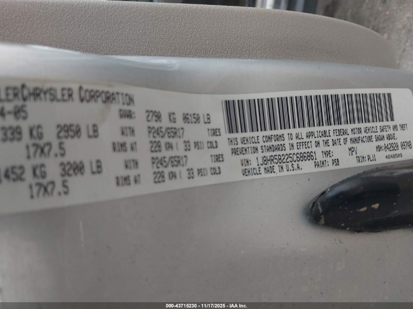 2005 Jeep Grand Cherokee Limited VIN: 1J8HR58225C686861 Lot: 43715230