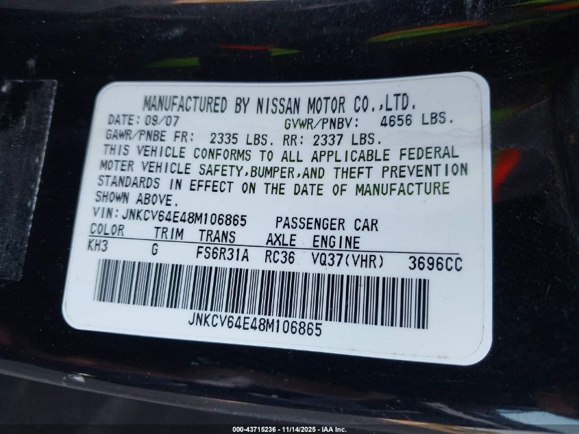 2008 Infiniti G37 Sport VIN: JNKCV64E48M106865 Lot: 43715236