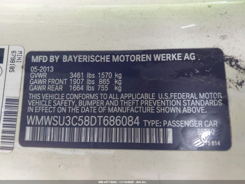 2013 Mini Hardtop Cooper VIN: WMWSU3C58DT686084 Lot: 43715242